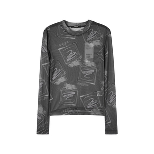 U/TI叠搭印花网纱打底衫女装 设计感长袖T恤上衣尤缇2025秋季新款