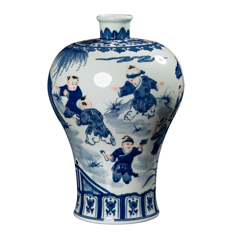 景德镇陶瓷花瓶手绘青花瓷瓶中式童子梅瓶瓷器客厅装饰摆件装饰品