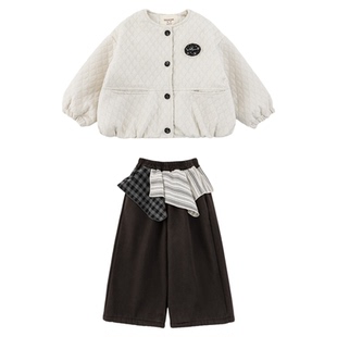 幼悠女童2025冬季新款菱格保暖棉服时尚宽松加绒直筒裤女孩套装潮