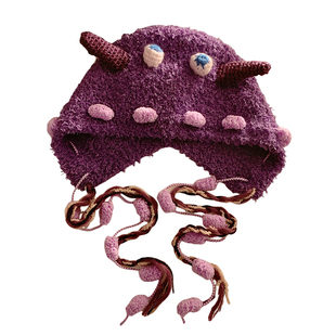 绿色小怪兽手工针织帽子女秋冬季可爱毛绒搞怪保暖毛线护耳雷锋帽