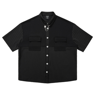 韦恩泽维尔轻商务大码衬衫男短袖夏季宽松设计感拼接条纹衬衣8158