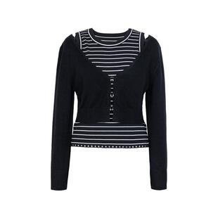 XG雪歌黑白条纹假两件长袖毛针织衫2025春季新款露肩套头毛衣女装