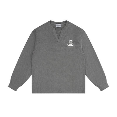 细坑条纹毛线材质纯色V领T恤