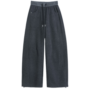 红色加绒加长休闲运动裤女冬2026新款收腹大码宽松香蕉弯刀卫裤