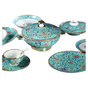 中式碗碟套装家用宫廷风碗珐琅彩中式金边陶瓷碗骨瓷餐具盘碗套装