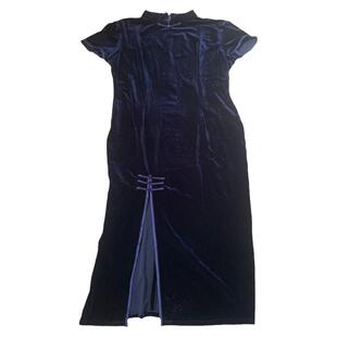 民国复古风盘扣前边开叉修身丝绒短袖旗袍日常舞台演出走秀长旗袍