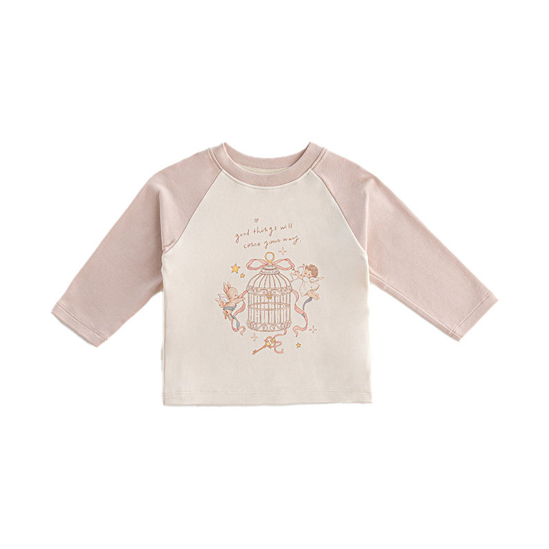 【新品】OAK FAMILY儿童长袖印花宝宝T恤拼接套头上衣秋女童