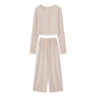 粉色条纹春秋女外套阔腿裤两件套