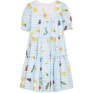 妖精的口袋水果印花蓝白格纹泡泡袖连衣裙女2026年夏季新款裙子