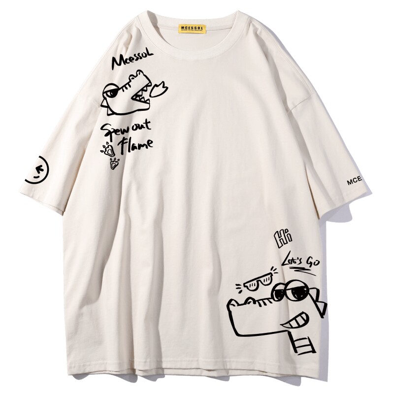 卡通喷火鳄鱼印花圆领短袖t恤