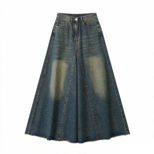 大码女装胖mm韩系穿搭中长款牛仔裙女美式小众高腰显瘦a字半身裙