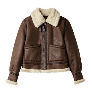 马登立翻领麂皮仿羊羔毛加厚飞行员短款棉服衣袄夹克外套女士秋冬