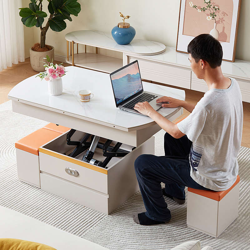 多功能电动升降茶几餐桌两用小户型折叠伸缩方变圆桌岩板茶几