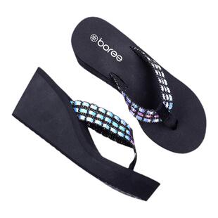 Boree/宝人拖鞋女外穿2025夏新款坡跟厚底凉拖时尚高跟夹脚人字拖