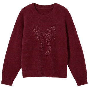 热风女士红色毛衣2026年春季新款新年系列蝴蝶结针织衫圆领打底衫