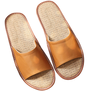 日式真皮亚麻凉拖鞋女夏季防滑吸汗家居室内牛皮拖鞋男踩屎感软底