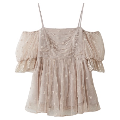 SNIDEL2025秋冬新品甜美一字肩吊带泡泡袖薄纱提花衬衫SWFB254202