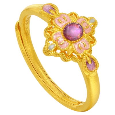 潮宏基御彩瓷黄金戒指足金古法手饰紫藤花鎏彩轻奢宫廷风母亲节