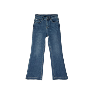 长腿捕捉器!~小个子开叉筒喇叭裤女早春新高腰弹力阔腿牛仔裤子