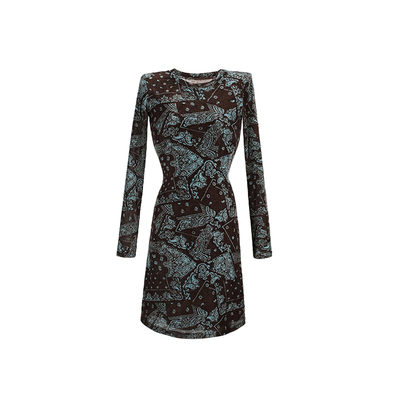 圆领短裙长袖印花时尚法式修身