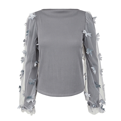 【秒杀】sdeer圣迪奥女装一字领肌理网纱拼接长袖T恤S223Z0210