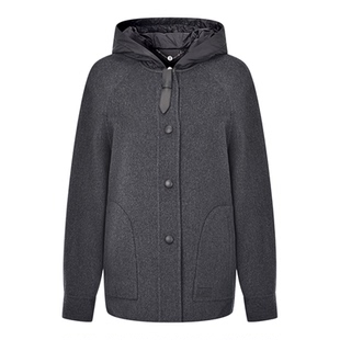 RARE威雅女装 2025冬季新款外套连帽羽绒内胆灰色羊绒短款大衣女