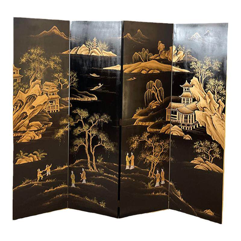黑色手绘金箔屏风茶室隔断