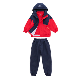 红色相拼中小学生冲锋衣校服三件套幼儿园园服冬款套装黄色内胆厚
