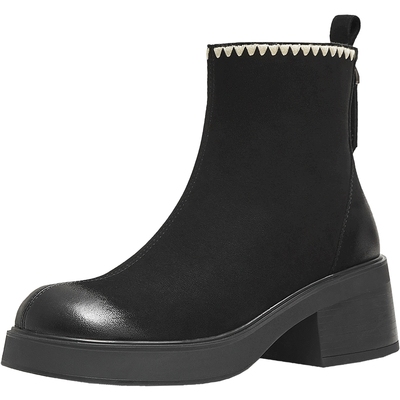 天美意复古粗跟厚底切尔西弹力靴女高跟时装靴休闲短靴2025冬新款