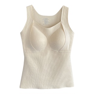 龙妹卡其色德绒保暖背心带胸垫女内搭2025冬新款加绒吊带打底上衣