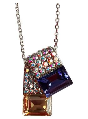 多彩水钻魔方吊坠铜镀白金项链