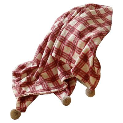 格纹羊卷妮毛毯双面球球盖毯英伦复古毯子柔软加厚沙发毯午睡毯