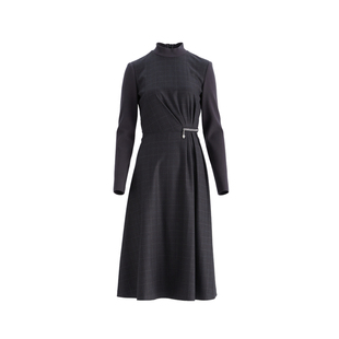 OBEG欧碧倩格雷系灰色长袖格纹连衣裙女冬内搭气质中长裙10484176