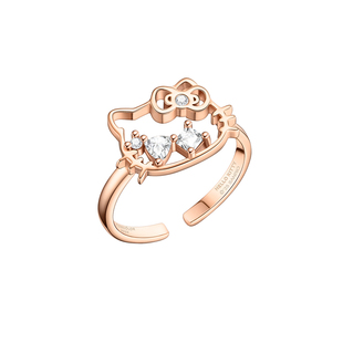 潮色绘x三丽鸥HelloKitty925银玫瑰金戒指女巨好看生日礼物送女友