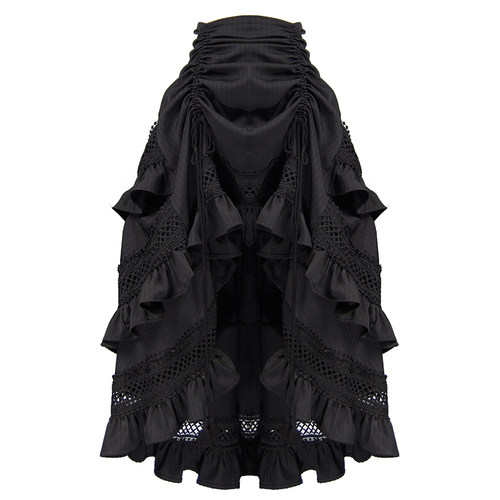 蒸汽大陆 蒸汽朋克steampunk黑色多层花边流苏抽带复古A型长半裙