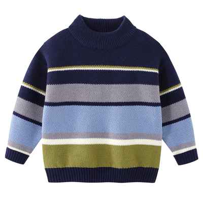 秋冬季中大童加绒半高领条纹毛衣