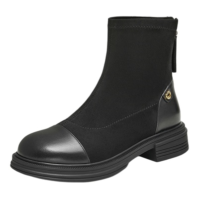 专柜正品Tata时装短靴女靴子平底瘦瘦靴2024冬季新款WZB03DD4