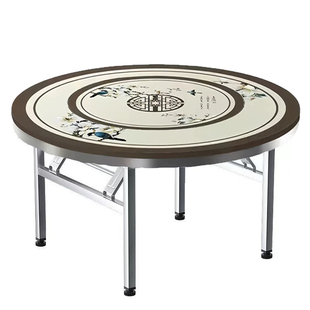 加厚不锈钢圆桌彩图内置转盘家用餐桌饭桌大圆台可折叠桌子火锅桌