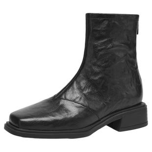 星期六短靴子女款2025新款秋季真皮瘦瘦靴英伦风马丁靴子粗跟单靴