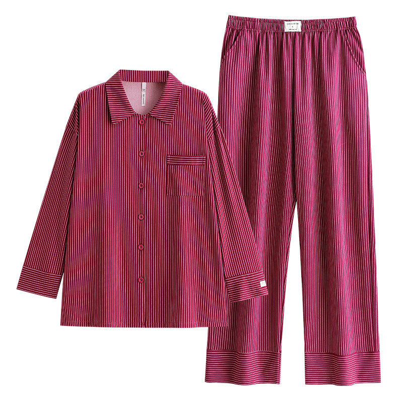 悦内睡衣女春秋款秋季长袖纯棉家居服条纹显白树莓色高级感可外穿