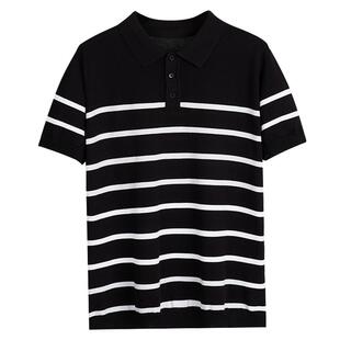男士伊力特冰丝短袖POLO衫针织t恤2025新款夏季个性条纹翻领潮流