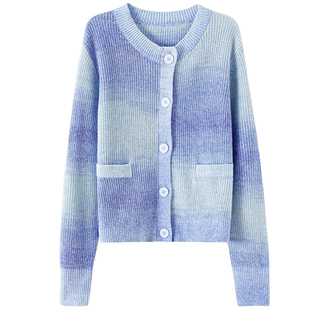【山谷微风】欧莎蓝色渐变短款针织开衫毛衣女春秋季2025年新款