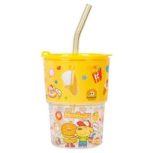 keir狗汉堡玻璃杯带吸管杯子盖子礼盒可爱卡通家用水杯女