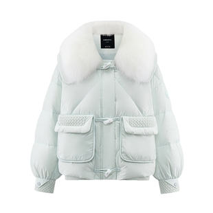 艾莱依狐狸毛领短款羽绒服女冬季新款减龄牛角扣面包服鸭绒外套