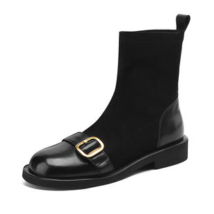 达芙妮黑色短靴女春季瘦瘦靴2026新款靴子春款弹力袜靴马丁靴女靴