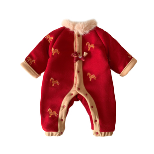 宝宝新年衣服冬季婴儿夹棉连体衣冬装喜庆小月龄外出棉服保暖爬服
