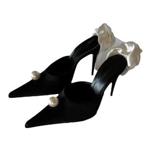 CAIsmaLL白玫瑰绸缎高跟鞋女法式尖头珍珠凉鞋细跟名媛宴会凉拖鞋