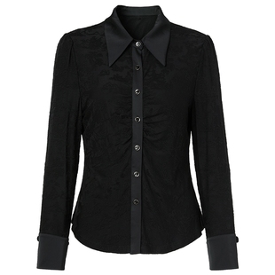 【不易皱】马天奴2025秋季新款黑色长袖衬衫百搭女装上衣开衫正品