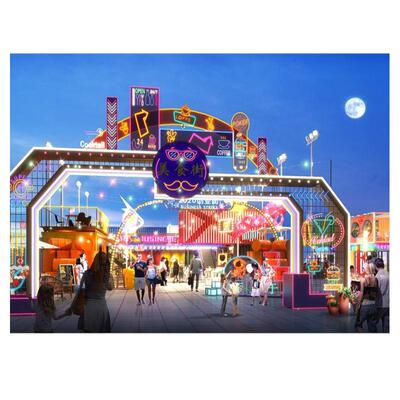 3D效果图制作室外商业小吃夜市街自建房玻璃幕墙鸟瞰图