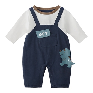 [7A抗菌]婴儿春连体衣男宝假两件背带哈衣新生春装三个月宝宝衣服